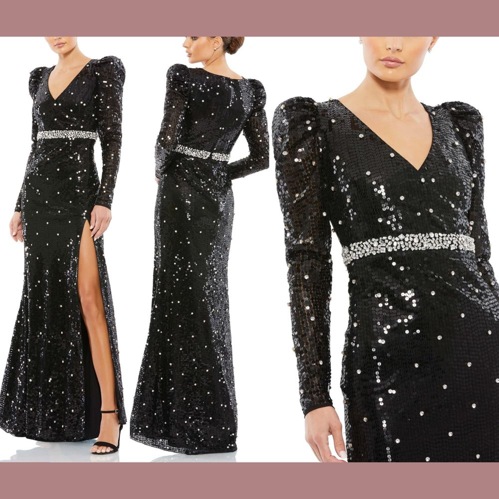 Nwt $598 Mac Duggal [ 4 ] Sequined Faux Wrap Puff Sleeve Trumpet Gown #S1106